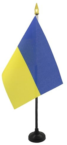 AZ FLAG - Ukraine Table Flag 4'' x 6'' - Ukrainian Mini Desk Flag 100% Polyester 15 x 10 cm - Office Mini Banner with 10'' Pole - Golden Spear
