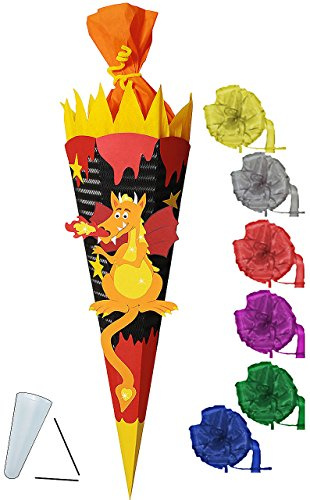 alles-meine.de GmbH BASTELSET Schultüte - Drache mit Feuer - 85 cm - incl. Schleife - mit/ohne Kunststoff Spitze - Zuckertüte - Set zum selber Basteln - 6 eckig/schwarz -..