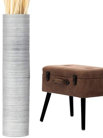 Leewadee Große Deko Bodenvase Für Dekozweige, Hohe Standvase Für Pampasgras, Design Holzvase, 85 cm, Silber