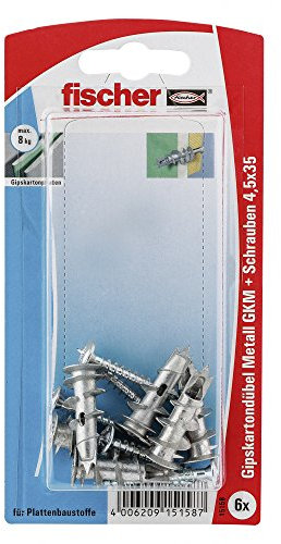 Fischer 015158 15158 Gipskartondübel Metall SK SB-Karte, Inhalt Gipskarton-/Gipsfaserplattendübel GKM, 6 x Spanplattenschraube 4,5 x 35, 4,5 x 35 mm, 6 Stk.