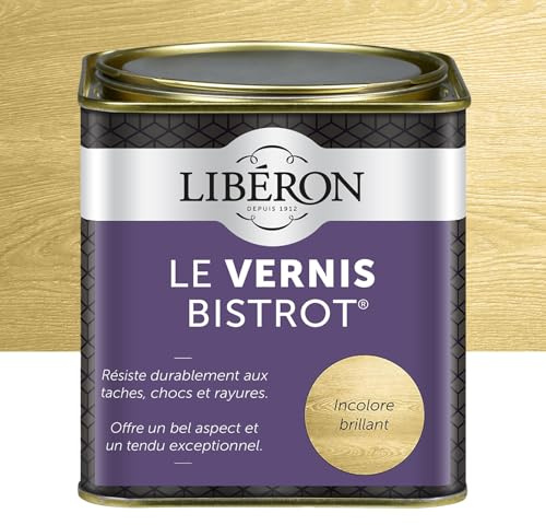 Libéron - Vernis bistrot - Vernis bois - Meubles Boiseries Objets - Très haute qualité - Anti-taches - Anti-chocs et rayures - Tendu bon - Incolore Brillant - 0,5L