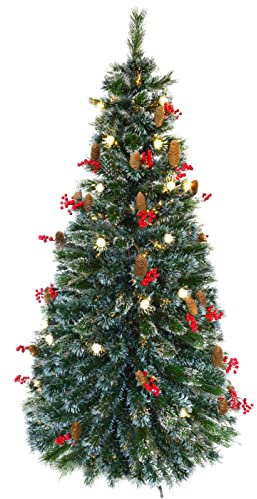 Christmas Concepts® 6ft (1.8M) Frosted Green LED Fibre Optic Christmas Tree - Warm White LED Lights, Berry + Pinecone Decoration - Energy Class A+++
