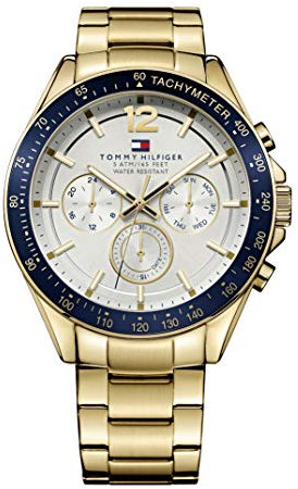 Tommy Hilfiger Herren 48mm Multifunktions-Quarz-Uhr - Armband aus Gold-Edelstahl, Silberweißes Zifferblatt, 3 Hilfszifferblätter, Wasserdicht bis 5ATM - 1791121