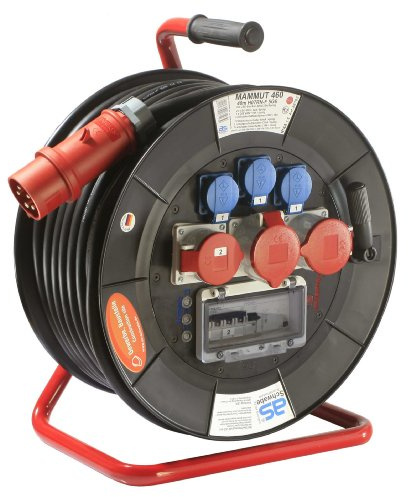 as - Schwabe Mammut Kabeltrommel 40 m H07RN-F 5G6, Außenbereich IP44, CEE-Stecker 32 A 5-polig, 6 Steckdosen, FI + LS Absicherung, extrem robust, Made in Germany
