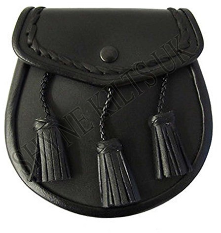 Shyne Kilts U.K Ensemble Sporran en cuir noir pour kilt écossais avec glands - Tenue de jour