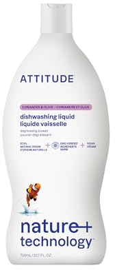 ATTITUDE Washing Up Liquid, EWG Verified, Plant-Based & Vegan Dish Soap, Naturally Derived, Olive & Coriander Scent, 700 mL