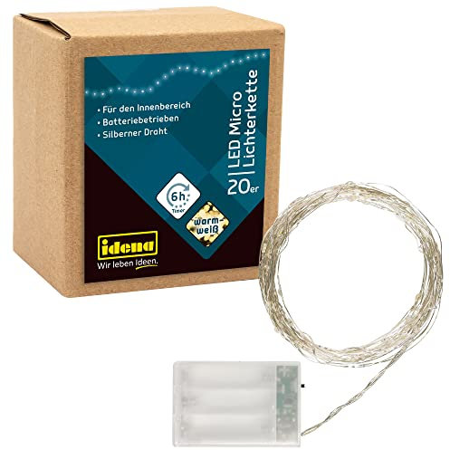 Idena 31118 - LED Micro Lichterkette mit 20 LEDs in Warmweiß, 6 Stunden Timer Funktion, batteriebetrieben, ca. 2,2 m lang, Deko für Innen, zum Basteln, als Party Deko, Weihnachtsdeko, zur Hochzeit