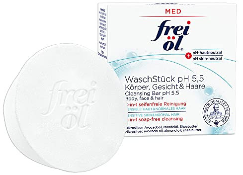 frei öl MED WaschStück pH 5,5, 3-in-1 seifenfreie Reinigung für Körper, Gesicht und Haare, pH-hautneutral, mikrobiomfreundlich, Mikrosilber, Mandelöl, Avocadoöl, vegan, Gesichtsreinigung, 90 g