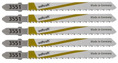wolfcraft 5 Stichsägeblätter HCS I 2653000 I T-Schaft I für feine, saubere Schnitte in Holz, Laminat, Tischplerplatten, Spanplatten, MDF