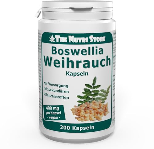 Weihrauch 400 mg vegane Kapseln 200 Stk. - Boswellia serrata Extrakt - 272 mg Boswelliasäuren - 6 Monatsvorrat - The Nutri Store - Made in Germany
