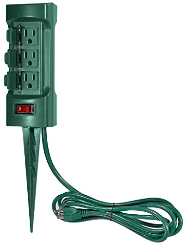 BESTTEN Outdoor Power Strip with Covers and Overload Protection Switch, Double Sided 6-Outlet Yard Power Stake with 9-Foot Long Extension Cord, ETL Certified, Green