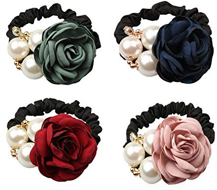 LOVEF 4Pcs Korean Fashion Pearl Hair Rope Rose Flower Rhinestone Hair Ties/ Jewelry Rubber Band