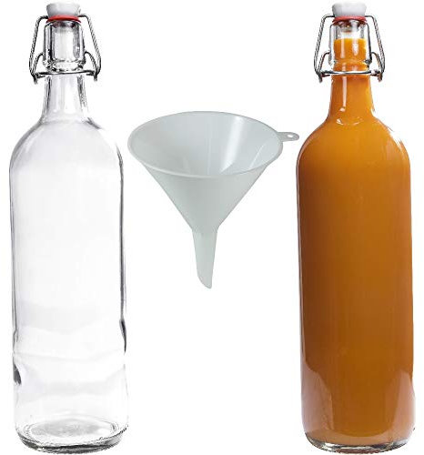 Viva Haushaltswaren - 2 x Glasflasche 1000 ml mit Bügelverschluss aus Porzellan zum Befüllen, als Milchflasche und Saftflasche verwendbar (inkl. Trichter Ø 12 cm)