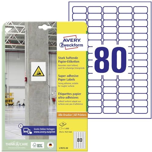 AVERY Zweckform L7872-20 Stark Haftende Etiketten (1.600 Aufkleber, 35,6x16,9mm Auf A4, Extrem Stark Selbstklebend, Auch Für Schwierige Oberflächen, Bedruckbare Power Klebeetiketten) 20 Blatt, WeiÃŸ