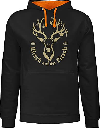 Pullover Herren Frauen Hoodie Kontrast zweifarbig - Skiurlaub Apres Ski - Hirsch auf der Pirsch - M - Schwarz/Orange - bester kumpel geschenk skifahrer sauf fun-kapuzenpullover skioutfit saufen