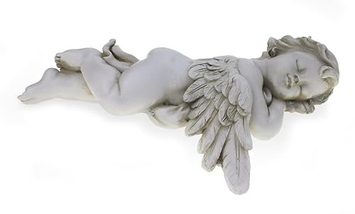 TEMPELWELT® Figurine d'ange décorative couchée endormie 16 cm - en polystone Blanc Antique - Bord Places Ange Figure - Gardien Ange - Enfant Ange – décoratif Ange