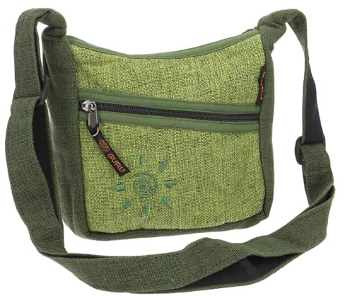 Kleine Schultertasche, Hippie Tasche, Goa Tasche aus Baumwolle, olive | Unisex, verstellbarer Schultergurt, 4 Fächer, Reißverschluss, ideal für Festivals und Alltag