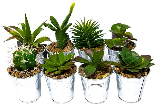 BARGAINS-GALORE Set Of 4 Succulent Plants In Tin Pots – Great Decoration Piece For Home, Office, Living Room, Bedroom & Kitchen | Perfect Table Top Accessory For Any Home | Artificial Pebbles In Pots