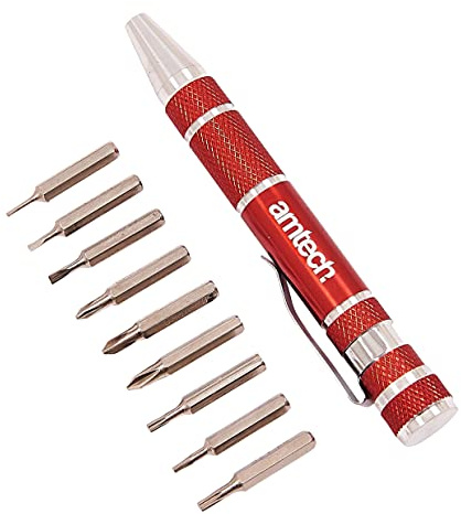 Amtech 9-in-1 Screwdriver Bit Set, Aluminium Handle with Magnetic Tip, Chrome Vanadium Bits for Electronics, Jewellery, Glasses & Small Repairs