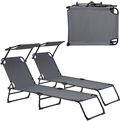 casa.pro Sonnenliege Lomeda 2er Set Liegestuhl klappbar Relaxliege Strandliege bis 110 kg 187 x 53 x 27 cm Gartenliege mit Sonnenschutz Rückenlehne verstellbar Stahlgestell Dunkelgrau