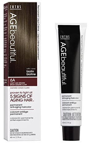 AGE beautiful Permanent Hair Color Dye Liqui Creme | 100% Gray Coverage | Anti-Aging Haircolor | Biotin for Thicker, Fuller Hair | Professional Salon Coloring | 6A Light Ash Brown