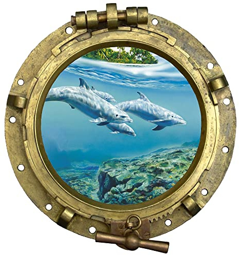 GRAZDesign Wandtattoo Bad Bullauge Delfin | Wandsticker Wandaufkleber Bad, Tür, Fliesenaufkleber Klebefolie Waschmaschine Fliesen | maritime Deko Meer - 32x30cm