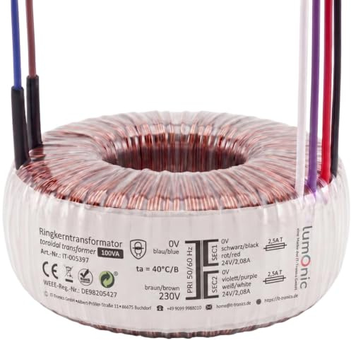 Lumonic transformador toroidal 100VA 2x24V para sistemas de audio, industriales, halógenos y de vía - tensión de entrada 230V - tensión secundaria 48V - modelo RTO-826029
