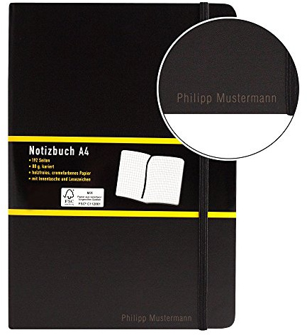 Notizbuch kariert - schwarz - A4 - mit Namen/individueller Gravur