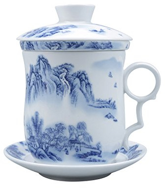 ufengke Chinese Landscape Painting Ceramic Teacup,Jingdezhen Blue And White Porcelain Tea Cup Set,For Gift And Household Office,300ml
