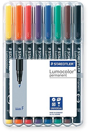 Folienstift Lumocolor F permanent, 8er Box, grün, rot, blau, schwarz, orange, braun, gelb, violett