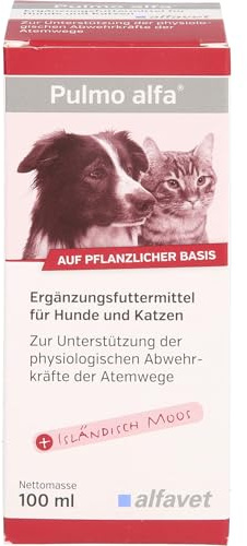 Alfavet Pulmo alfa | 100 ml | Flüssiges Ergänzungsfuttermittel für Hunde und Katzen | Zur Unterstützung der Atemwege | Mit pflanzlichen Substanzen und natürlichen Aromastoffen