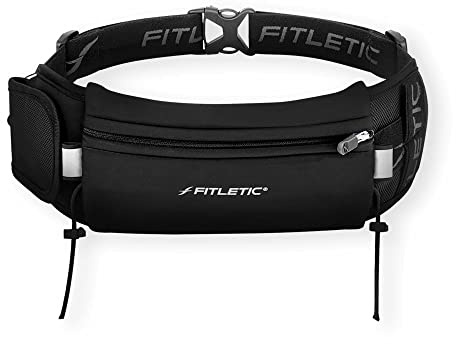 Fitletic Running Belt with Side Pocket, Loops for Energy Gels, Race Bib Number Holder. Waist Pack Water Resistant Phone Holder. Model Ultimate II Black