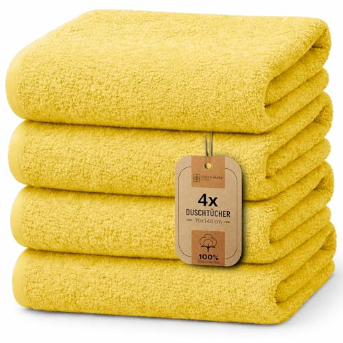 NatureMark 4er Duschtuch-Set – weiche und saugfähige Duschtücher aus 100% Baumwolle, geeignet für den täglichen Gebrauch – Gelb, 70x140 cm