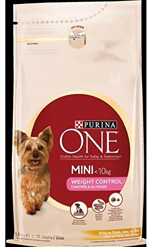 PURINA ONE | MINI | CONTRÔLE DU POIDS | Croquettes pour Chien Adulte de Petite Taille Peu Actif ou en Surpoids, <10 Kg | Faible en matières grasses | A la Dinde | Sac | Lot de 6 x 1,5 Kg