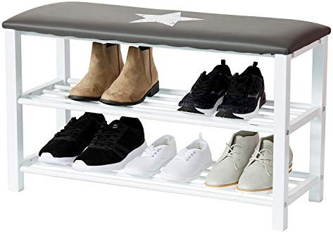 Love IT Store IT Schuhregal mit Sitzbank - Schmale Schuhbank mit 2 Ablagen- Bequem und sehr stabil - Grau/weiß mit Stern - 80x30x48 cm