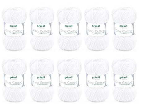 Gründl Wolle King Cotton Baumwolle 10 Knäuel 50 g, weiß | dicke Wolle zum Stricken - Strickgarn - Häkelgarn - 55 % Polyacryl, 45 % Baumwolle - 50 g / 78 m - Nadelstärke 6-7