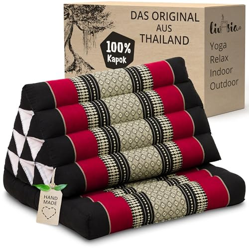 livasia Thai cushion with 1 seat rest - 30x20x3.1″ - Triangle cushion with seat cushion, Wedge cushion, kapok, Back support cushion, folding, Thai mat, folding, Hand made (Black/Red)