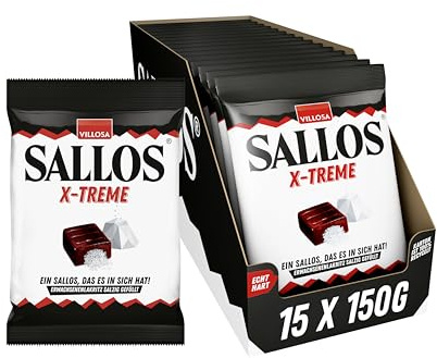 SALLOS X-treme Vorrats-Pack – Lakritz-Bonbons mit Salmiaksalz-Füllung, aus natürlichem Süßholzsaft, würzig-salzige Lakritz-Kombination, vegan, im Vorrats-Pack, 15 x 150 g