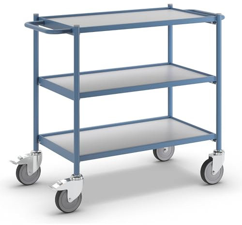 eurokraft | Tischwagen | Tragfähigkeit 150 kg | mit Schiebegriff | 3 Etagen | 4 Lenkrollen | 2 mit Doppelstopp