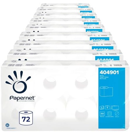 Papernet, 72 Rollen Toilettenpapier, 3-lagig | (404901), 250 Blatt pro Rolle, Recycelt Rollen, weißes deinktes WC Papier, mit Kreis- und Blumenprägung, Made in Germany