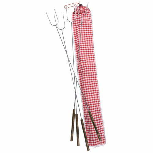 ROME Set of 4 Hot Dog Roasting Fork With Gingham Print Cotton Storage Bag