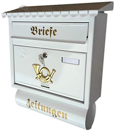 Grande boîte aux lettres Pachurka & Dösse XXL blanche avec porte-journaux, toit plat, compartiment pour catalogue