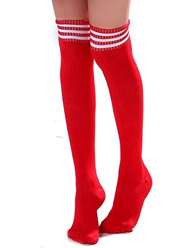 HugeStore Damen Frauen Lange Streifen Socken Overknee Strümpfe Kniestrumpfe Strumpfhose Socken rot-Weiss