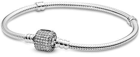 PANDORA Moments Women's Sterling Silver Sparkling Pavé Clasp Snake Chain Bracelet for Charms, Size 17, No Box
