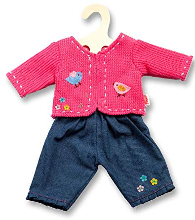 Heless 1504 - Bekleidungs-Set für Puppen, 2-teilig mit Strickjacke und Jeans, in den Farbvarianten Blau oder Pink, 1 von 2 Designs (zufällige Auswahl), Größe 28 - 35 cm