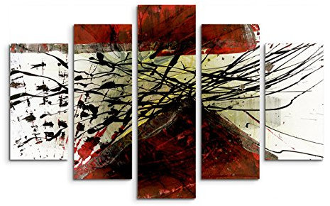 Paul Sinus Art 5 teiliges Wandbild auf Leinwand (Gesamt: H: 100cm B: 160cm) Keilrahmenbild Canvas Fotodruck Leinwandbild Leinwanddruck Kunstdruck Wandbild weiß schwarz grün rot Striche