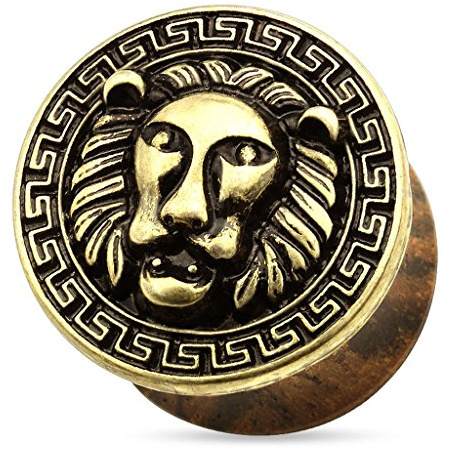 Piersando Ohr Plug Piercing Ear Flesh Tunnel Ohrpiercing Schmuck Ohrplug Vintage Tribal Ethno Antik Löwe Organic Holz Gold IP