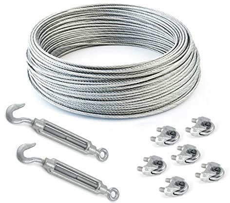 IMPOSTATO 30m acciaio galvanizzato fune 6mm tessere: 6x19 + 6 morsetti + 2 tenditori occhio-gancio