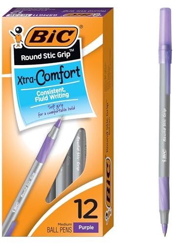 BIC Round Stic Grip Xtra Comfort Ballpoint Pen, Purple Ink, 12-Count
