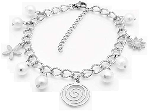 Bungsa Damen Bettelarmband Spirale, Perlen & Blümchen Silber aus 316L Edelstahl
